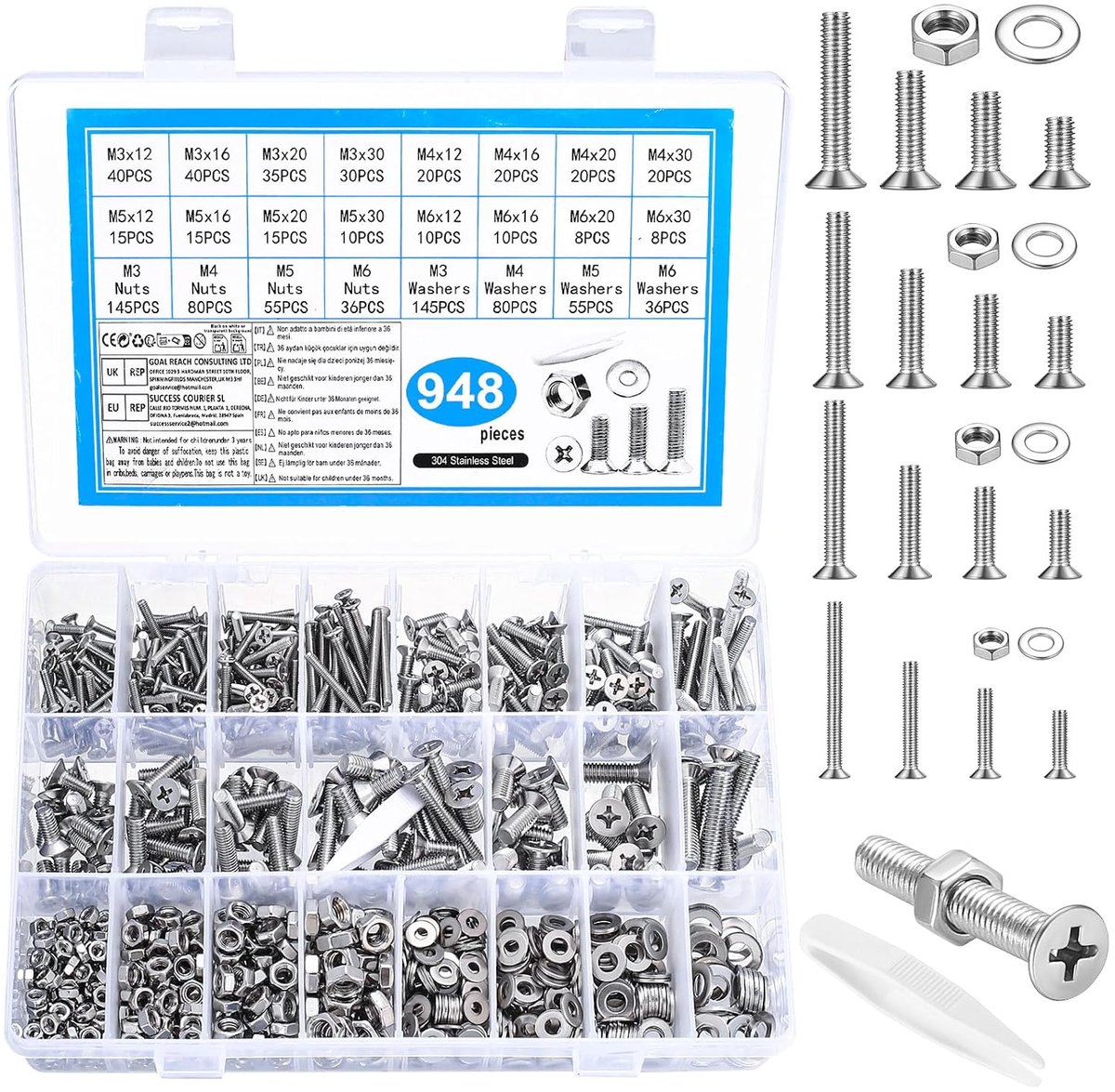 948 stuks M3 M4 M5 M6 schroeven set, verzonken schroeven moeren set, roestvrij staal kruiskop platte kop schroeven en moeren sets, machineschroeven assortiment, schroefschroeven sets met sluitringen