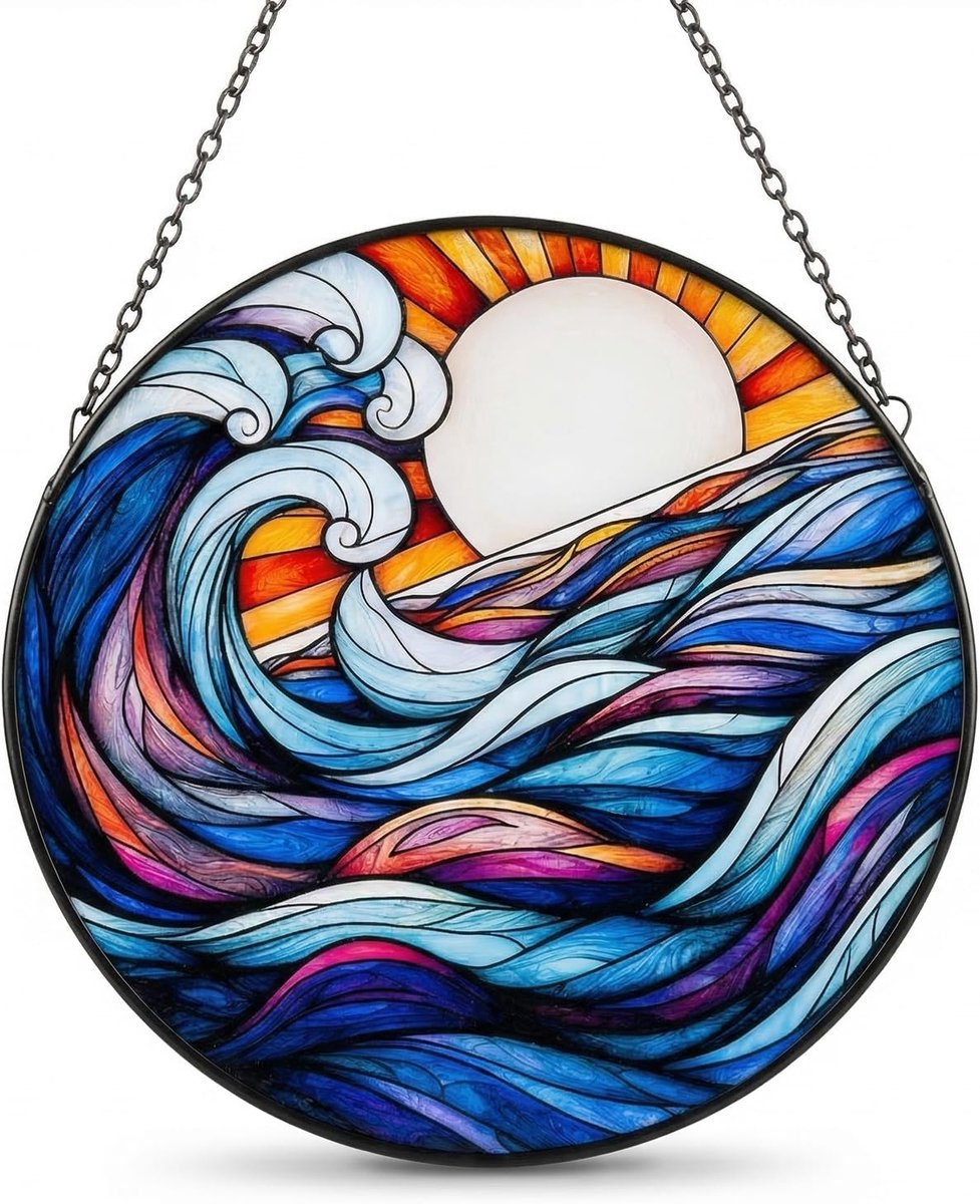 Zonnevanger voor ramen, boho-decoratie van acryl met rivier- en zonnemotief, 20 cm, lichtspel voor binnen, moderne muurkunst, handwerk