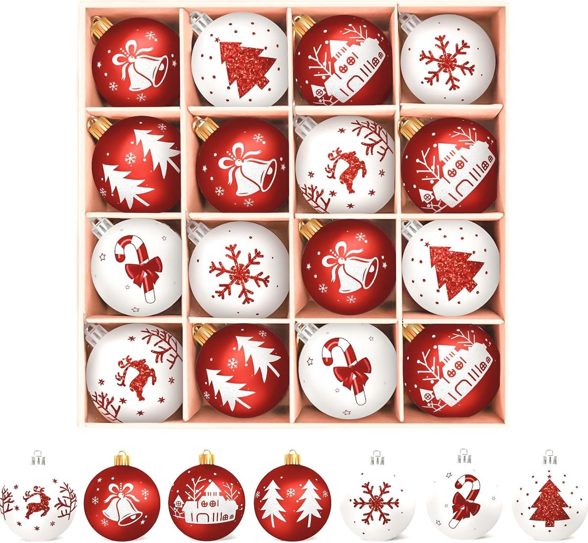 16× kerstornamentenset - Kleine kunststof kerstballen - Diameter van 6 cm - Kerstboomversiering - Kerstdecoratie voor binnen - Geschikt voor Halloween, Kerstmis, verjaardagen, feestjes, bruiloften en huisdecoratie - Rood-wit beschilderde ornamenten