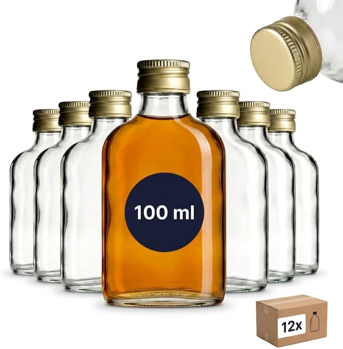 Flessen 100 ml heupfles met schroefdop goud - klein flesje 0,1 l om te vullen - lege drankflessen voor likeur, whisky, gin, cognac, cognac (FF100G)