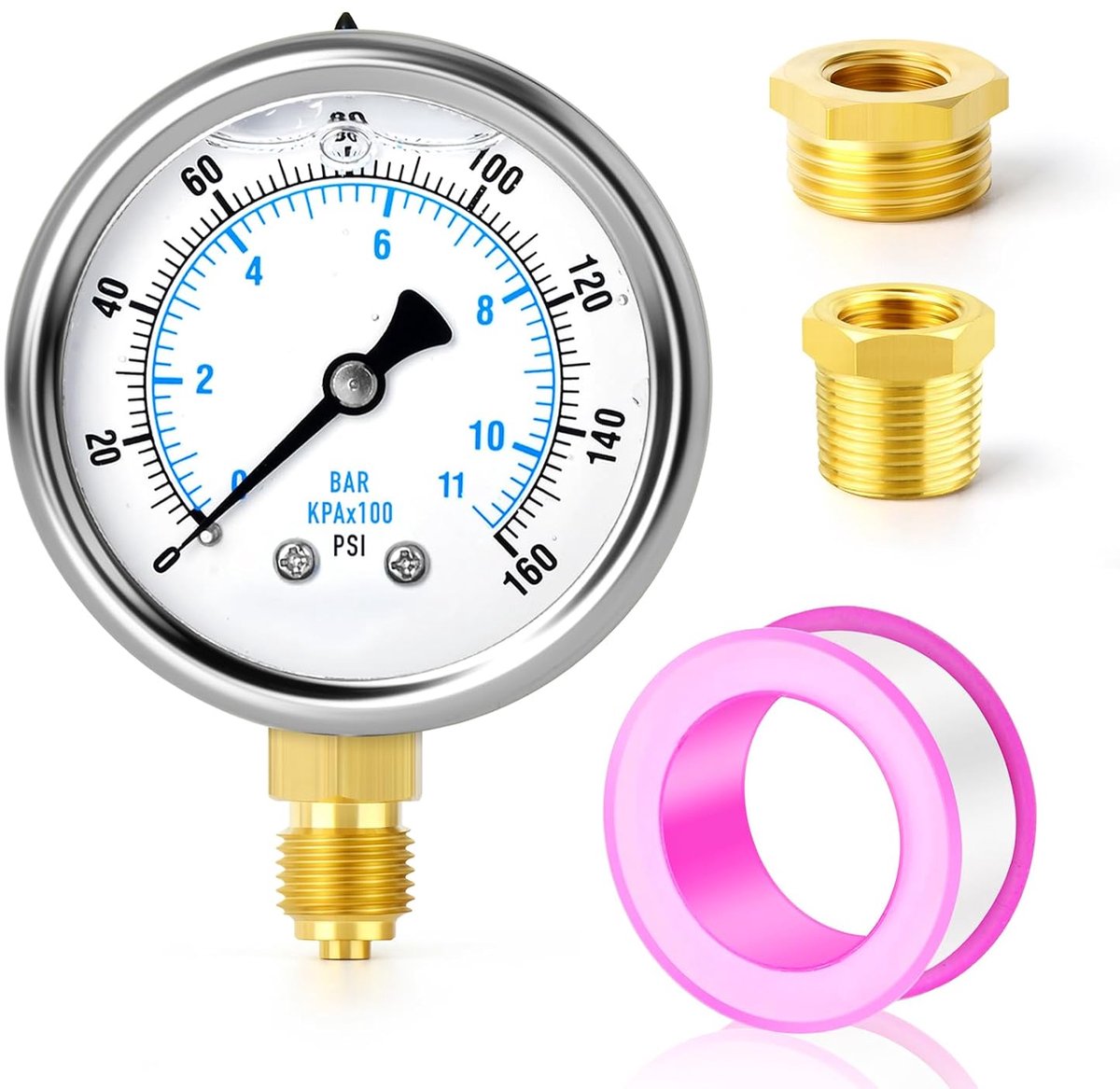 0-11 bar/0-160 PSI roestvrij staal 1/4" BSP 2,5" FACE DIAL vloeistofgevulde manometer, onderaan gemonteerd met 3/8" x 1/4" en 1/2" x 1/4" messing zeskantbus WOG water olie lucht