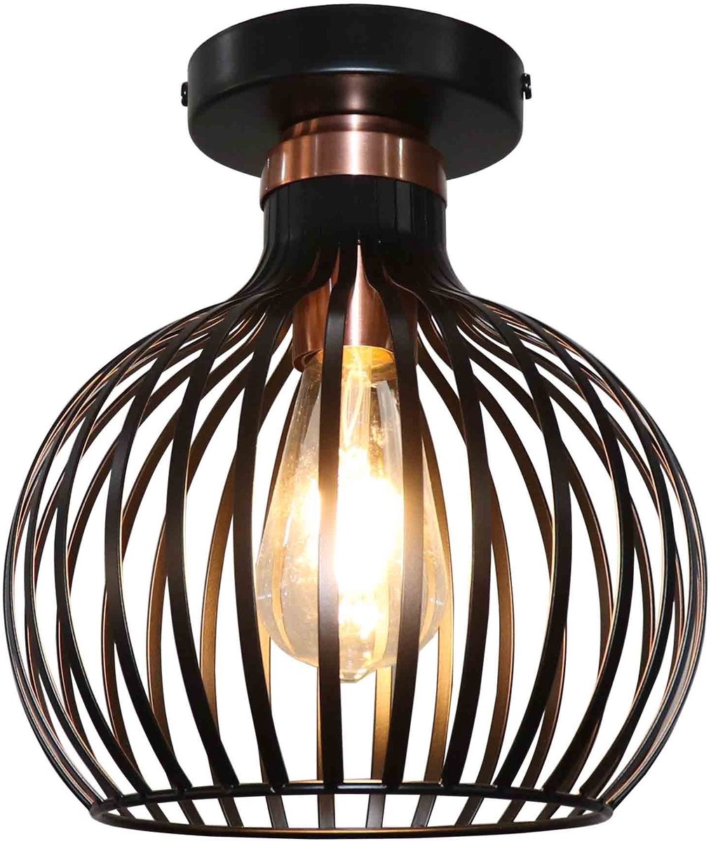 Raga 1-lichts plafondlamp in zwart staal met koperkleurige details, E27 fitting, diameter 235 mm, hoogte 260 mm, IP20