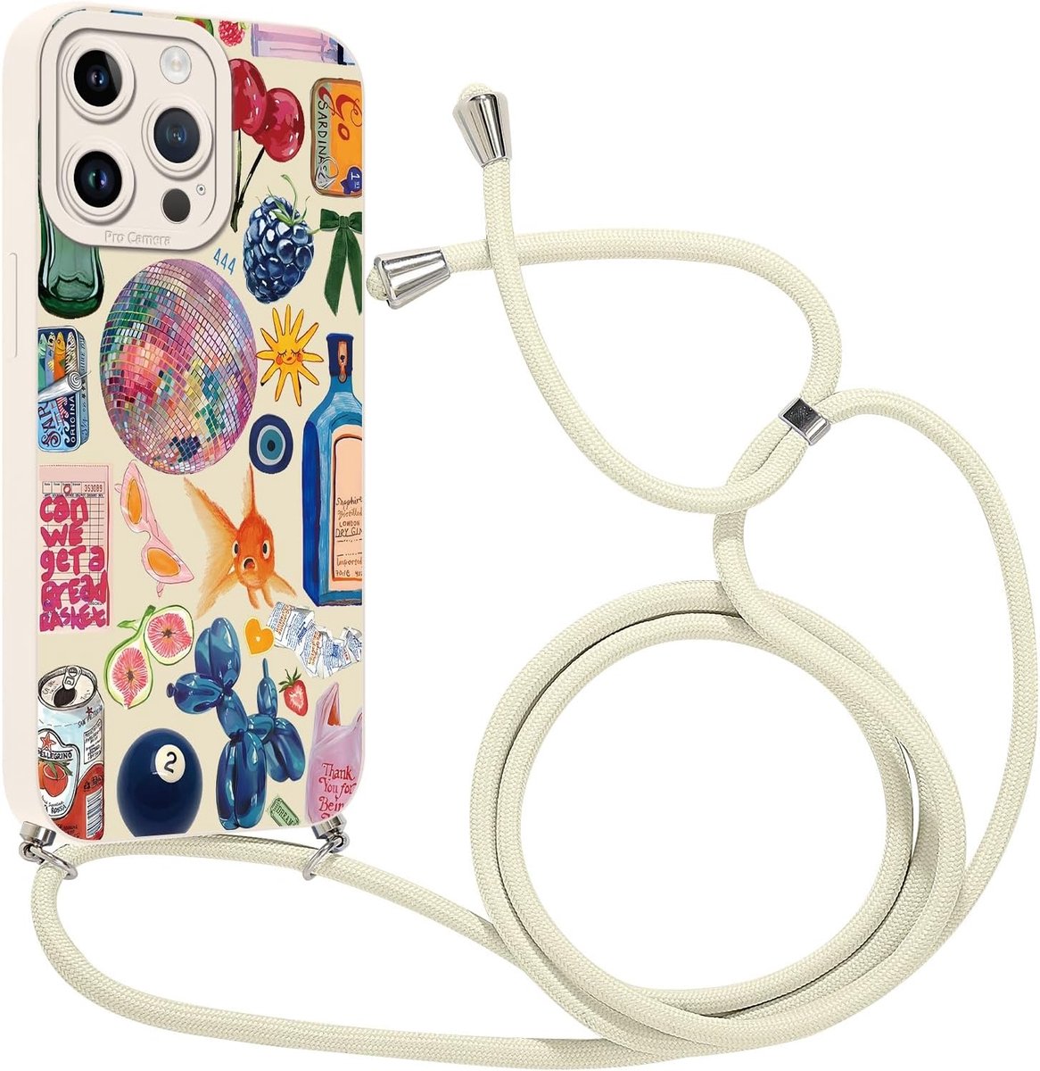 Beschermhoesje met koord voor iPhone 14 Pro Max 6,7 inch (16,7 cm), zachte TPU-siliconen, schattig wit patroon met verstelbare hanger, halsband, ketting, koord, cover case en motief, 11