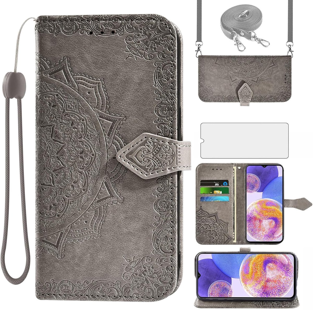 Hoes voor Samsung Galaxy A23 5G met Koord en Gehard Glas Screen Protector met Card Holder Stand Leather Wallet Flip Hoesje A 23 4G 23A G5 A235G SM-A236B Telefoonhoesje Phone Cover Case Grijs