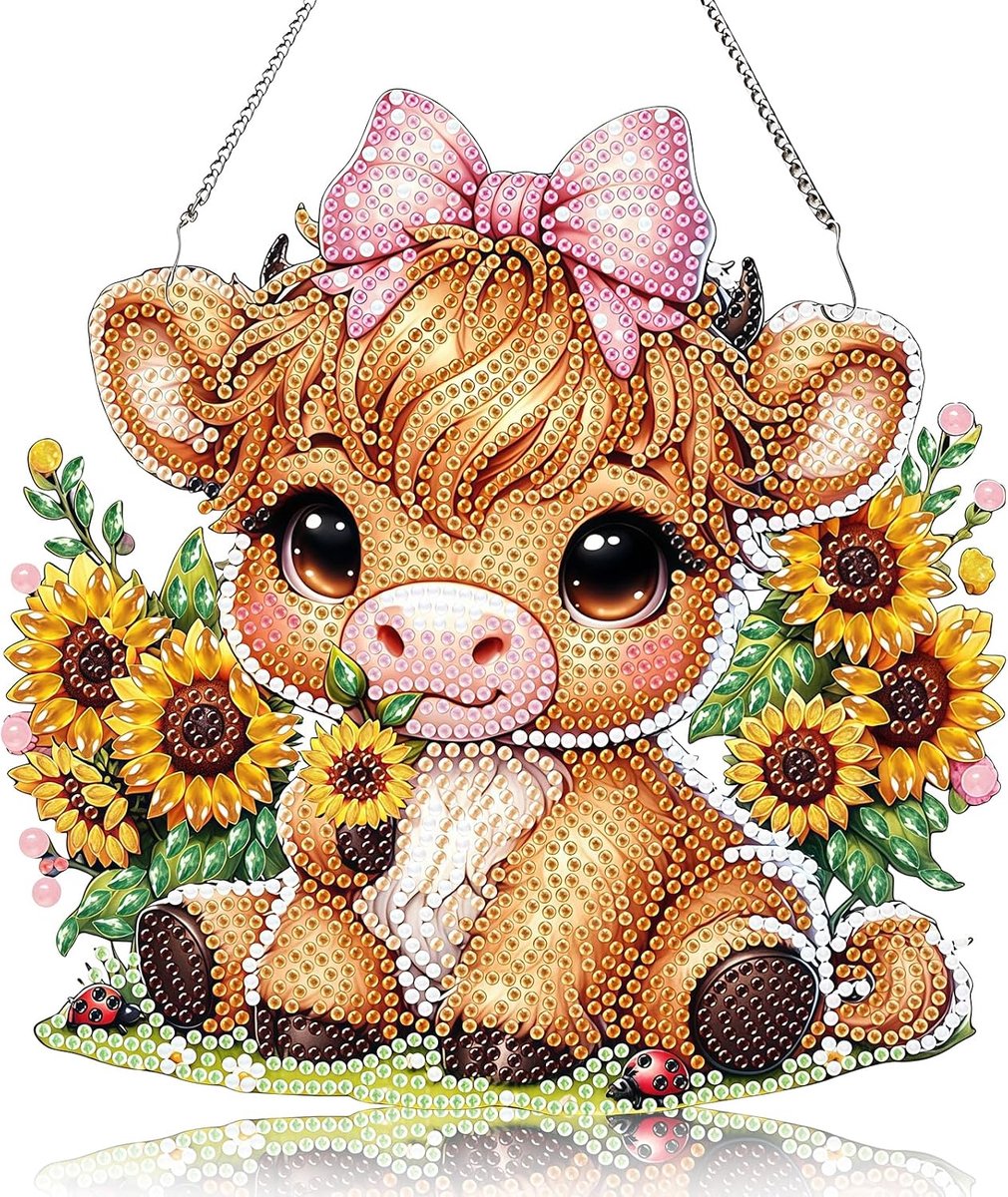 Diamond Painting hanger, koe diamond painting volwassenen hanger, painting diamond 5D zonnebloem slingers, dieren diamant crystal art hanger met ketting voor tuin, huis, deur, raam
