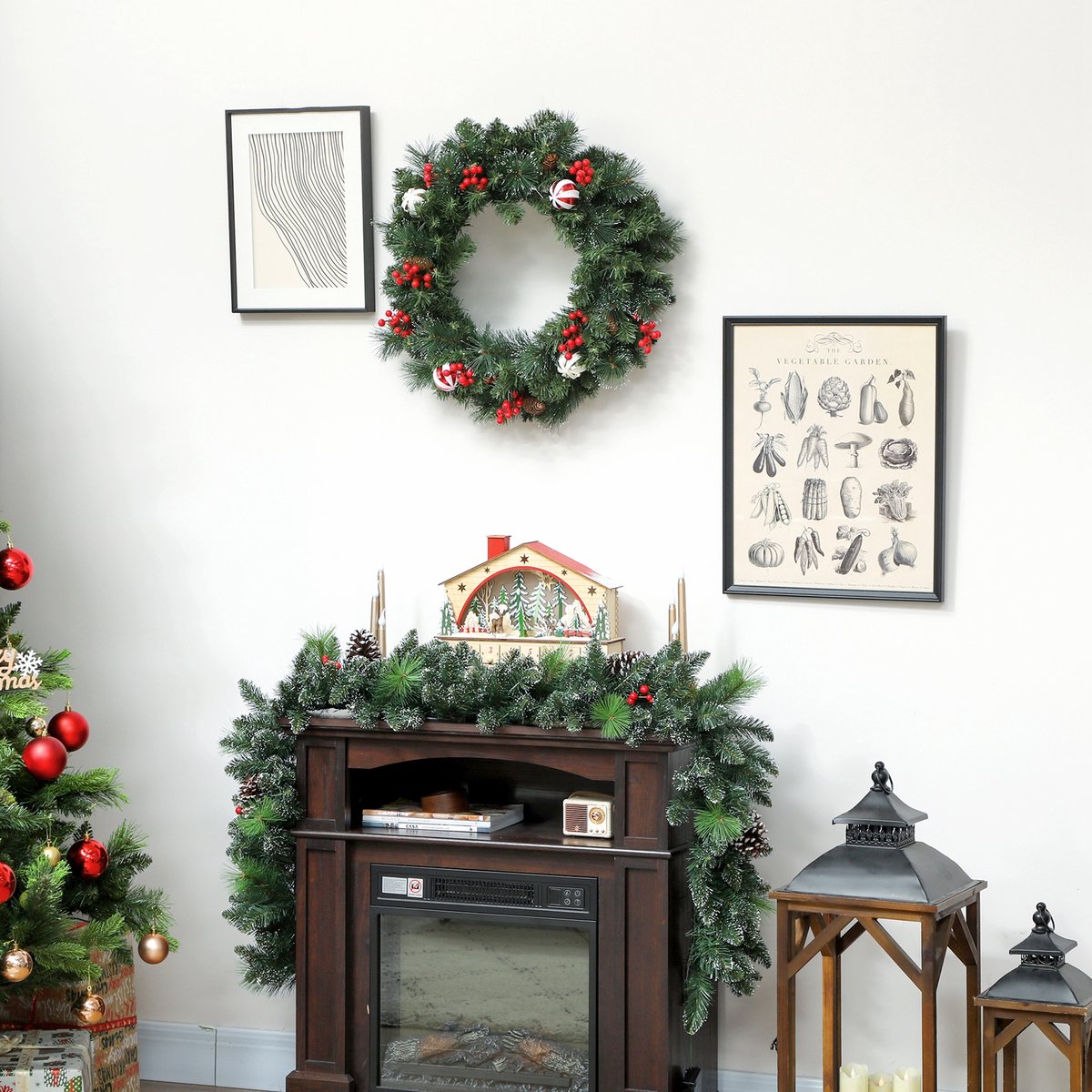 1 stuk - Verlichtte kerstkrans 60cm - Handgemaakte kerstversiering met LED warm wit licht, dennen, bessen en dennenappels, voor voordeur, open haard en raamdecoratie – foto 5