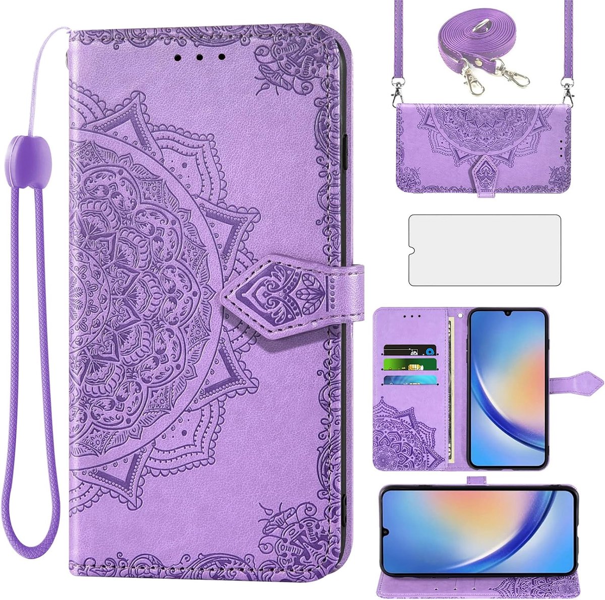 Hoes voor Samsung Galaxy A34 5G met Koord en Gehard Glas Screen Protector met Card Holder Stand Leather Wallet Flip Hoesje A 34 G5 34A S34 A345G A346B Telefoonhoesje Phone Case Mandala Paars