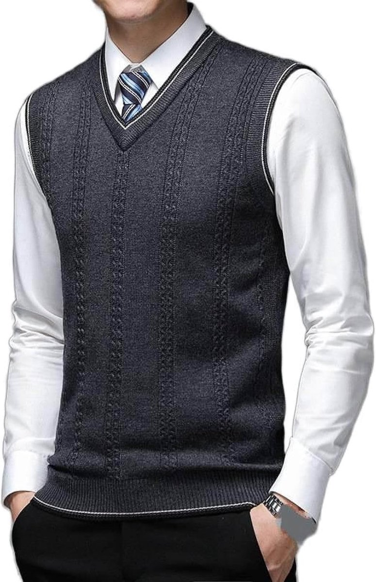 Vest Voor Heren Met V-Hals, Klassiek Gedraaid Mouwloos Casual Pullover Trui Vest Kleurcontrast Dieptepunt Shirt, Zakelijk Heren Breigoed Gebreid Vest Trui Tanktops,Donkergrijs,S