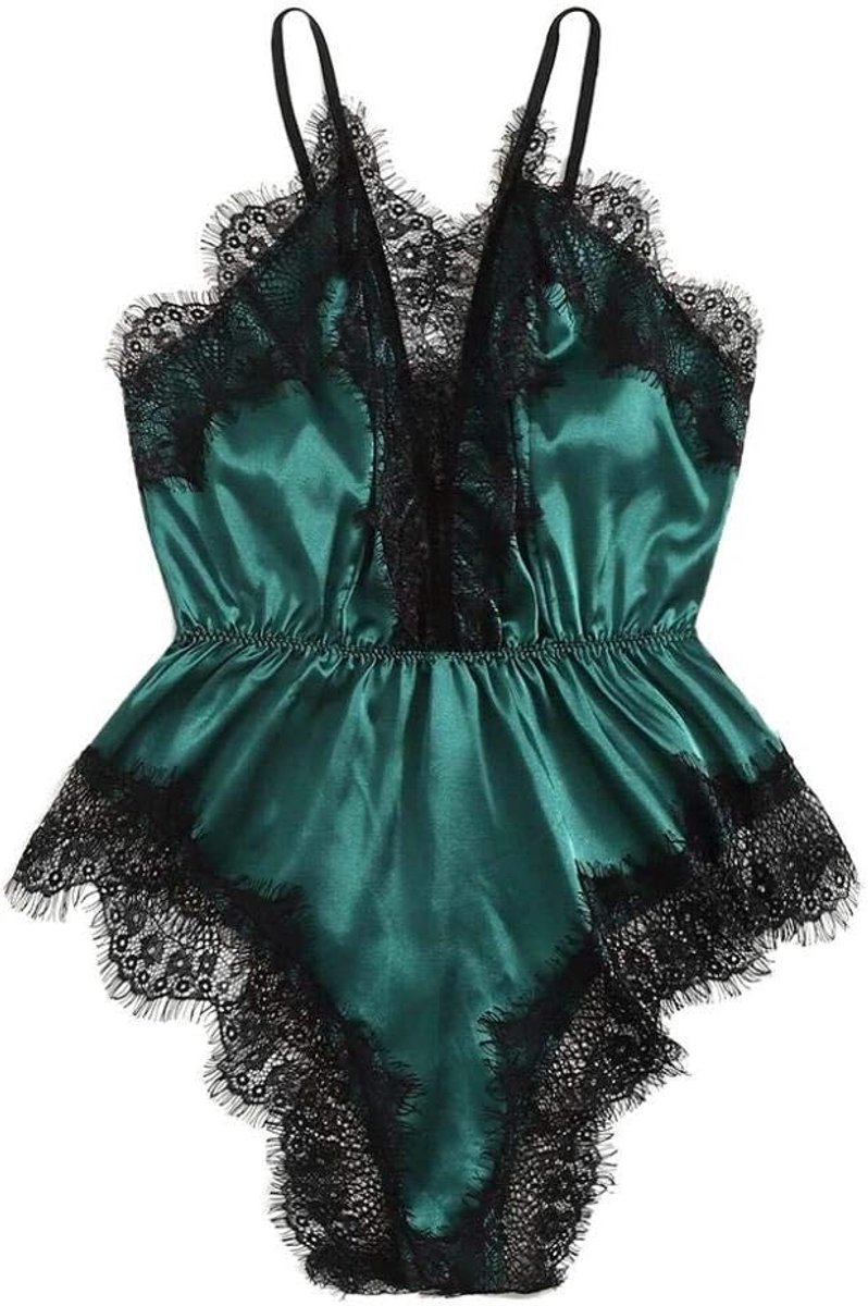 Kleding Dames satijnen kanten bodysuit V-hals Sexy damesondergoed set