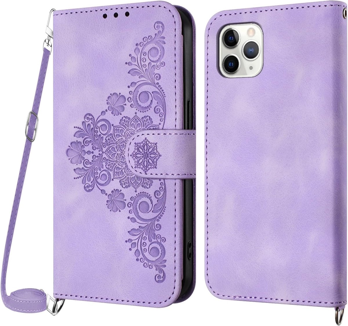 Hoesje voor iPhone 11 Pro Max met koord, Lederen Flip Wallet Telefoon met pasjeshouder Kickstand Magneetsluiting Compatibel met iPhone 11 Pro Max - Paars