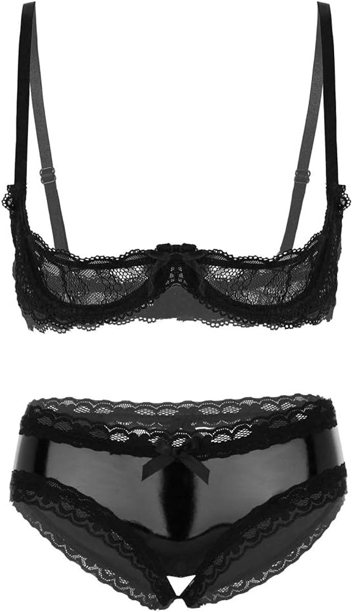 Lingerie & ondergoed Vrouwen transparant kant sexy lingerie glanzend slipje opengewerkte kruisloze slips Set-Black_M