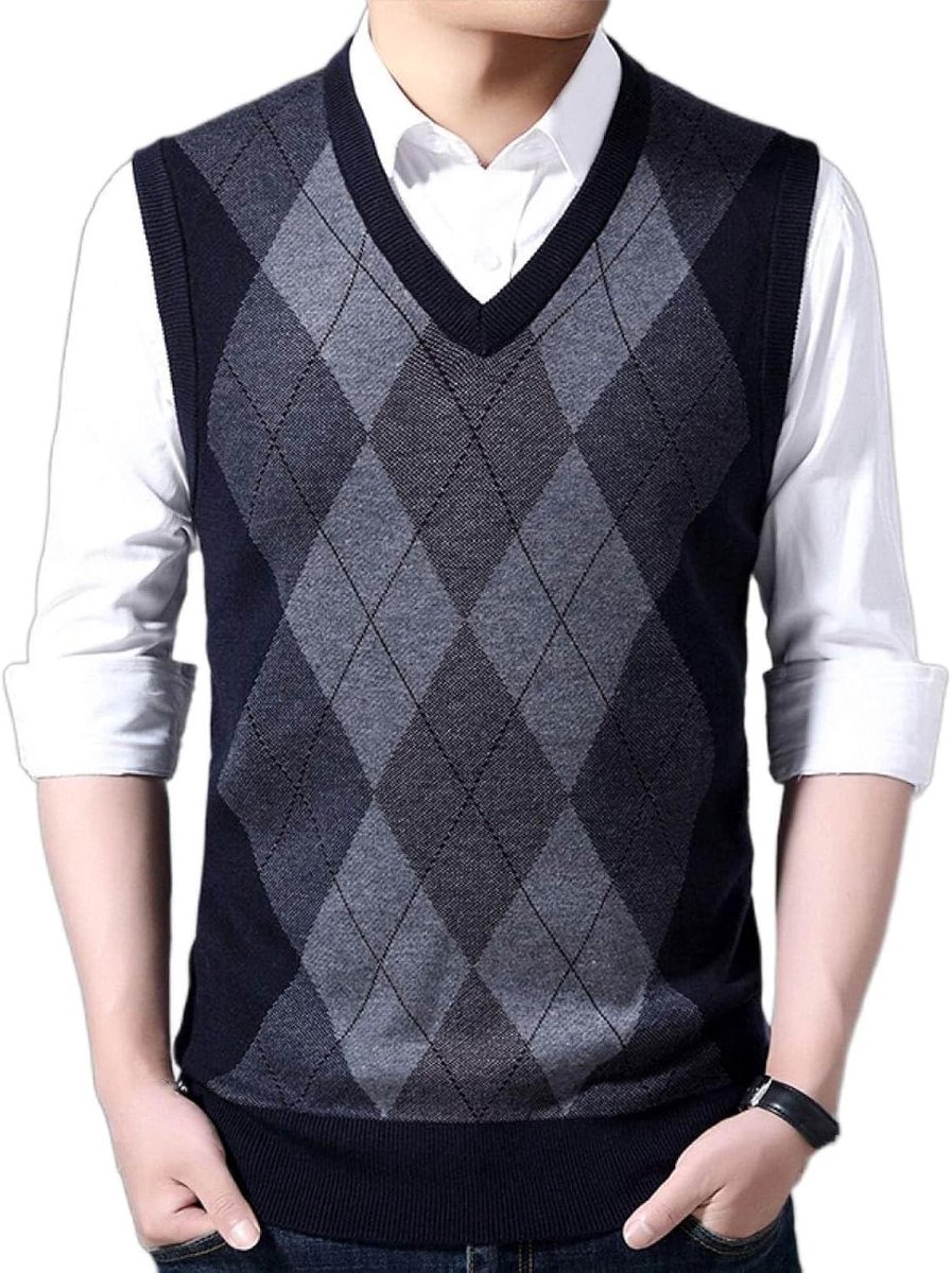 Argyle Gebreid Vest Met V-Hals, Klassiek Mouwloos Casual Jacquard Herenvest Met Pullover Dieptepunt, Zakelijk Heren Breigoed Gebreid Vest Trui Tanktops, Marineblauw, S