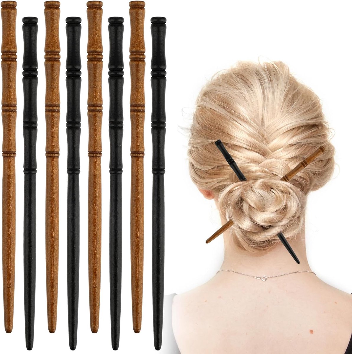 8 stuks houten haarstokken, retro haar eetstokjes voor broodjes bamboevorm haarspelden vintage Chinese haarspelden handgemaakte Japanse haarhouders voor medium lang krullend haar
