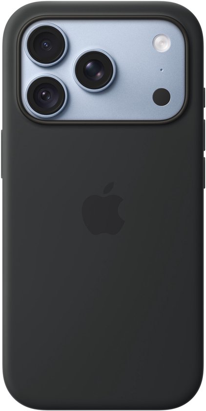 Zwart siliconen hoesje voor iPhone met lichtblauwe camerabehuizing.