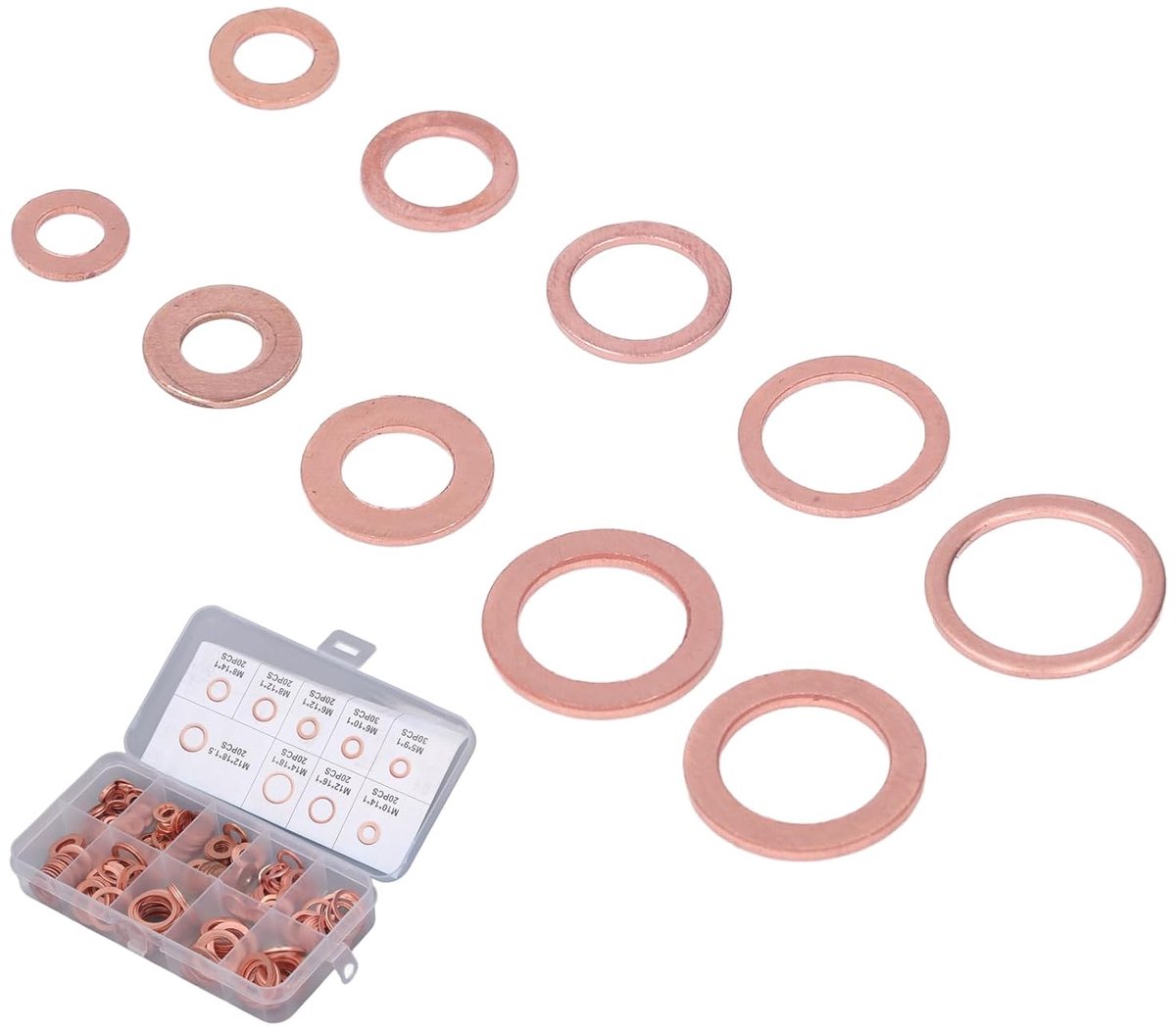 200 stuks afdichtingen olieafvoerstoppen, assortiment afdichtingen, koper, rood, 9 maten, sluitring - ShopVlot