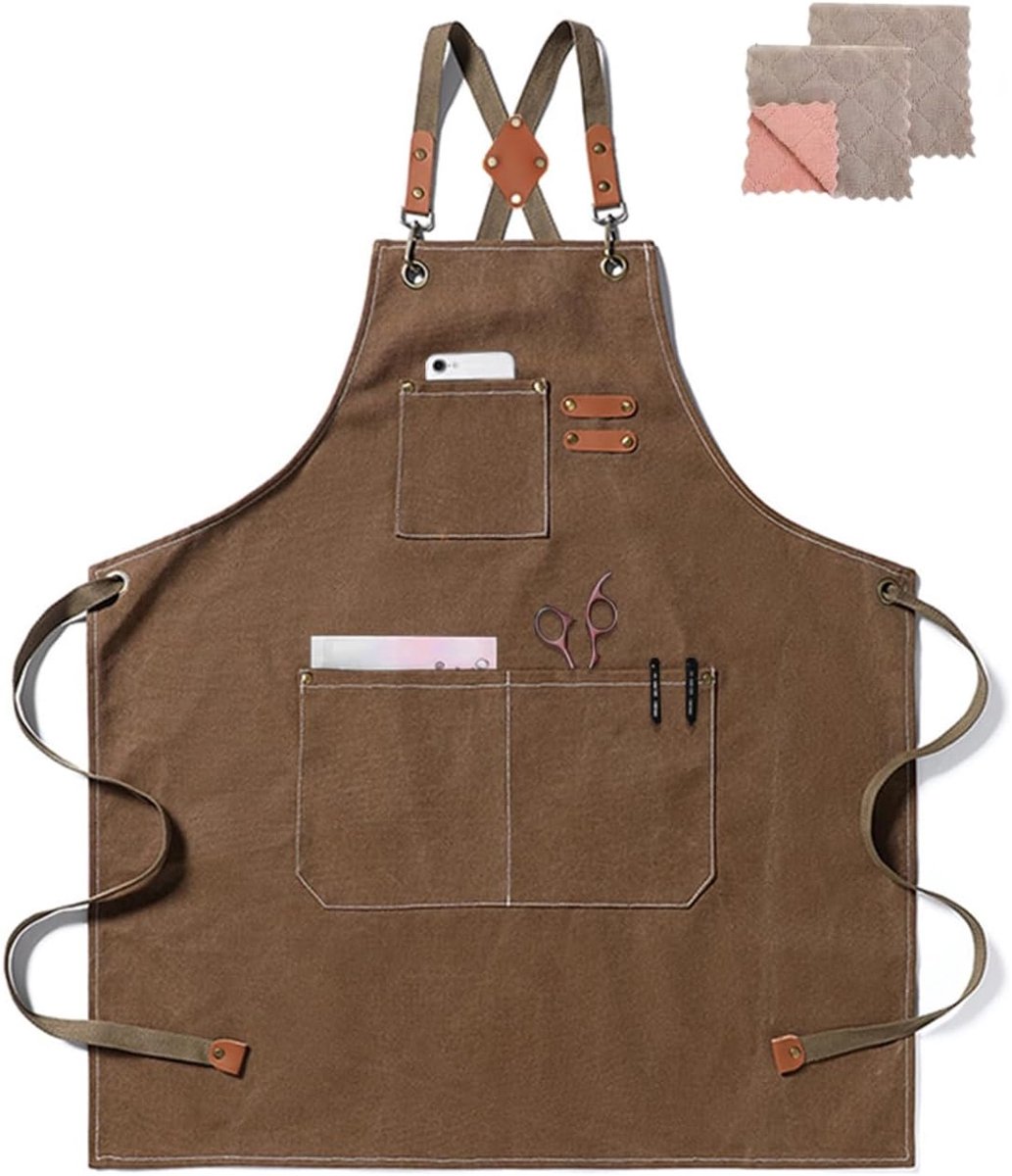 Kitchen Apron for Men Women Canvas with Pockets Cross Back Work Apron for Bar Grill Soldering Iron Khaki One Size - ShopVlot