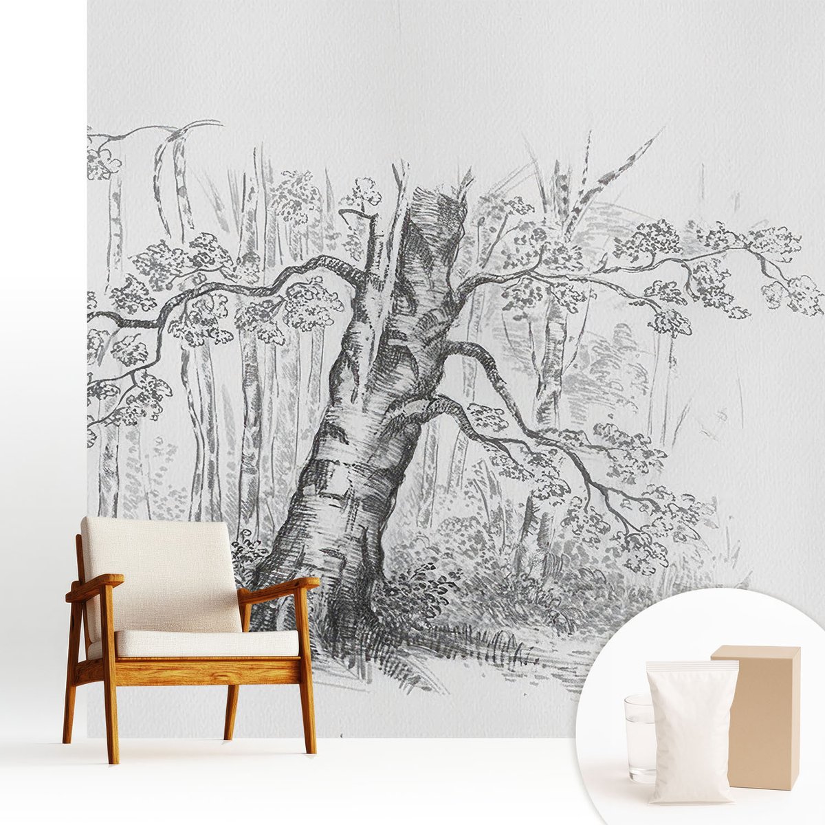 Wallfluent Fotobehang - Zwart-Wit Vliesbehang - 250x250 cm - Bosboom Fotobehang Vlies - Hal behang Bloemen En Planten - Muurschildering - Woonkamer behang