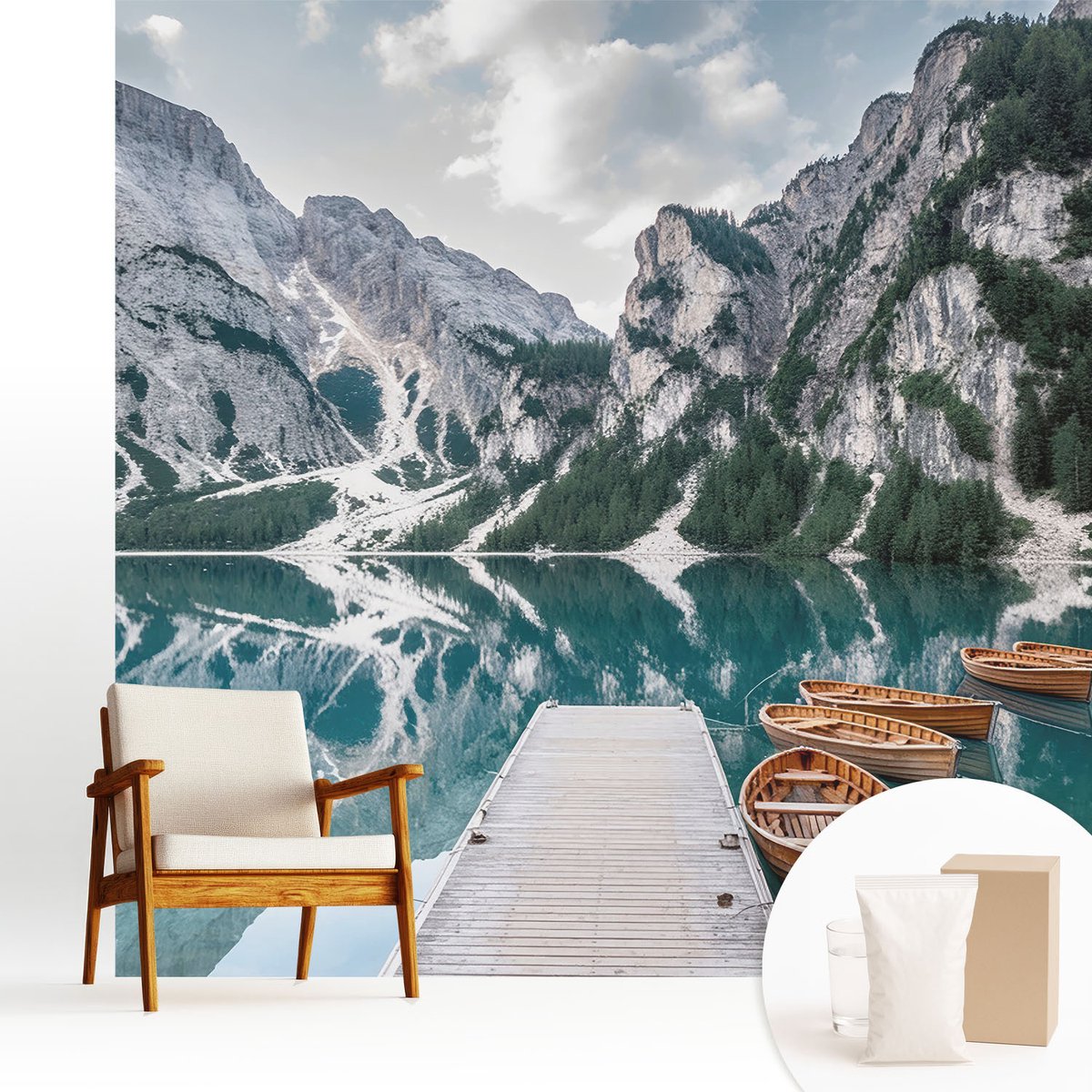 Wallfluent Fotobehang - Wit Vliesbehang - 250x250 cm - Bergpanorama Muurschildering - Slaapkamer behang Landschappen - Fotobehang Vlies - Gang behang