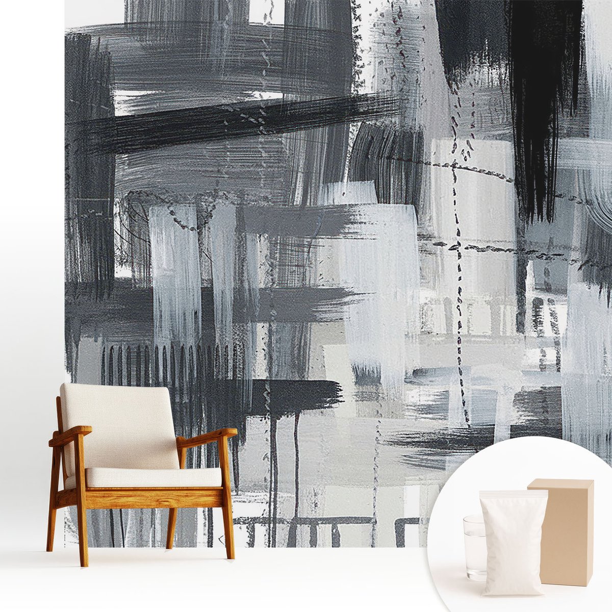 Wallfluent Fotobehang - Zwart Vliesbehang - 250x250 cm - Moderne Kunst Fotobehang Vlies - Hal behang Abstractie - Muurschildering - Hal behang