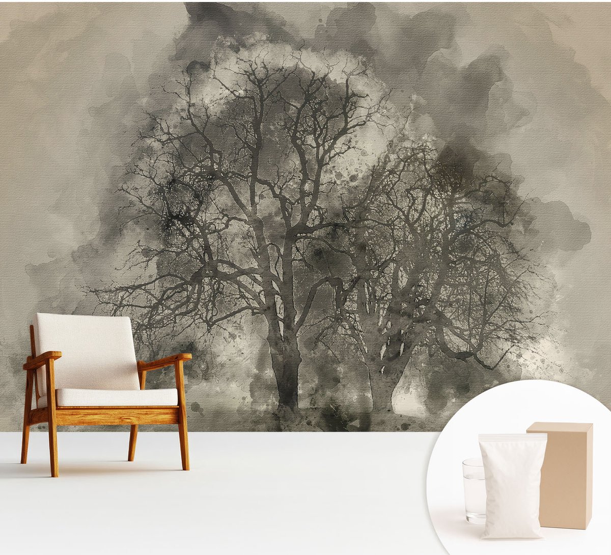 Wallfluent Fotobehang - Zwart Vliesbehang - 312x219 cm - Mysterieuze Bomen Muurschildering - Slaapkamer behang Bloemen En Planten - Fotobehang Vlies - Slaapkamer behang