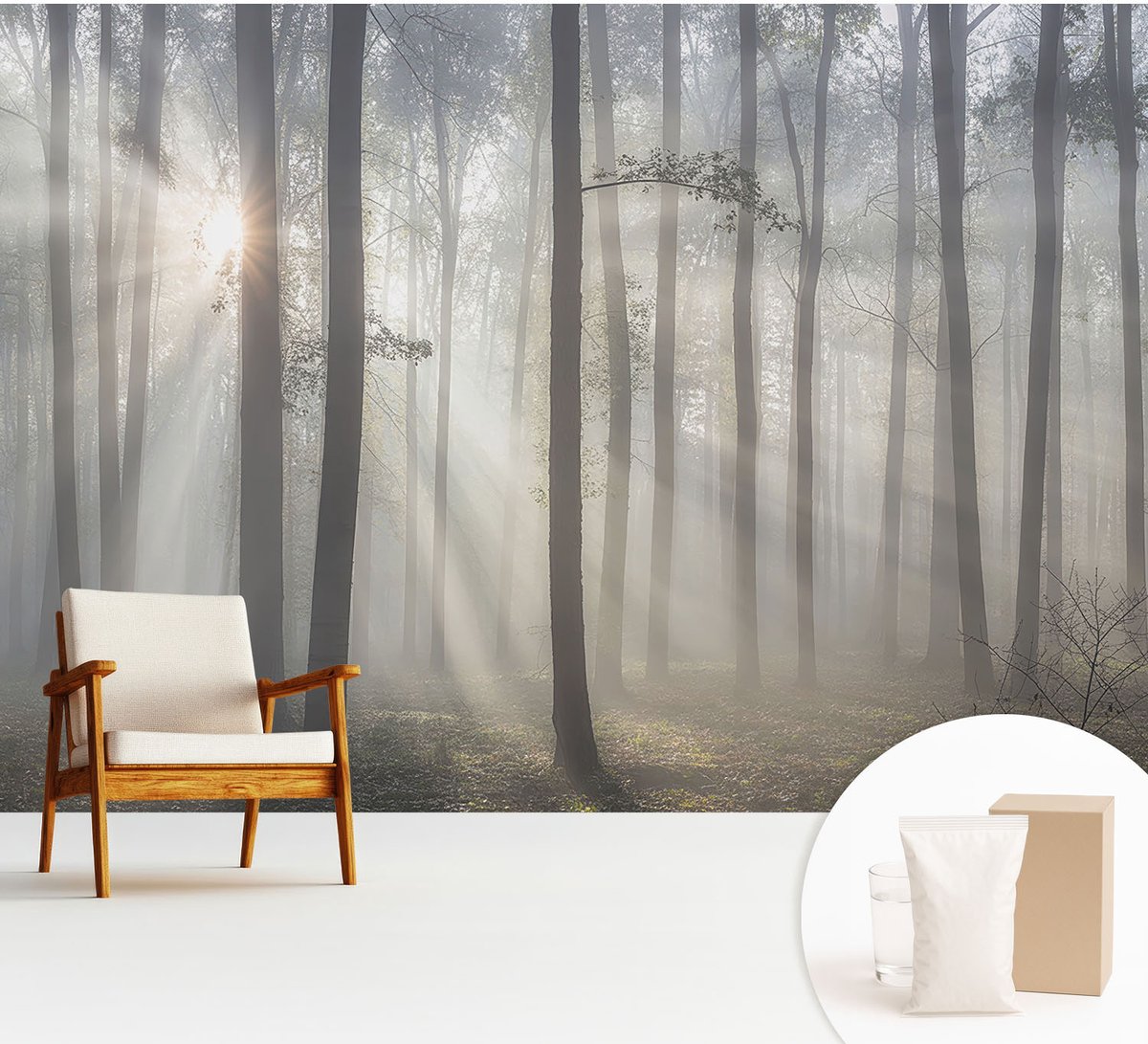 Wallfluent Fotobehang - Grijs Vliesbehang - 312x219 cm - Etherisch Woud Fotobehang Vlies - Hal behang Landschappen - Muurschildering - Woonkamer behang