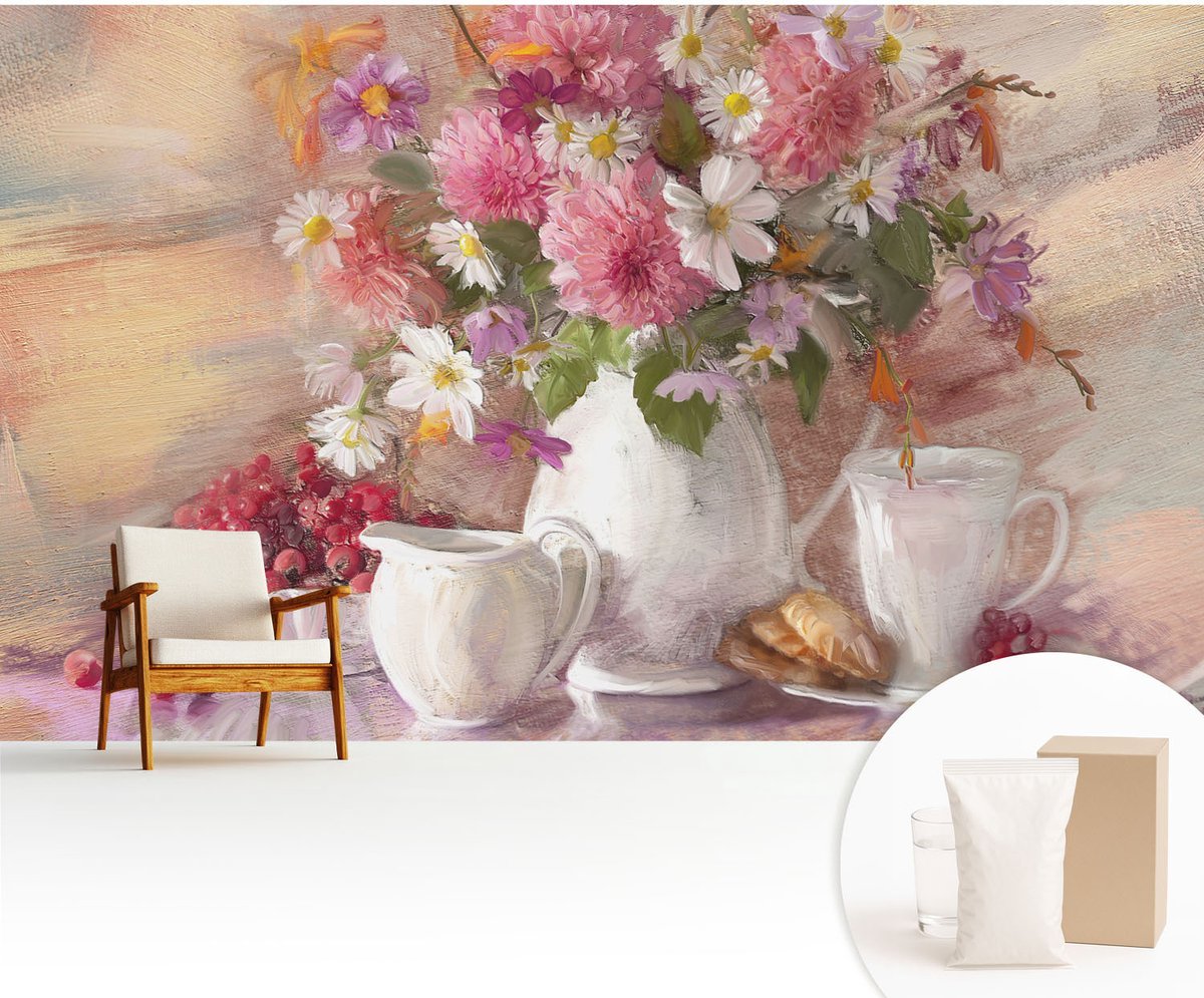 Wallfluent Fotobehang - Roze Vliesbehang - 416x254 cm - Wilde Bloemen Fotobehang Vlies - Hal behang Bloemen En Planten - Muurschildering - Woonkamer behang