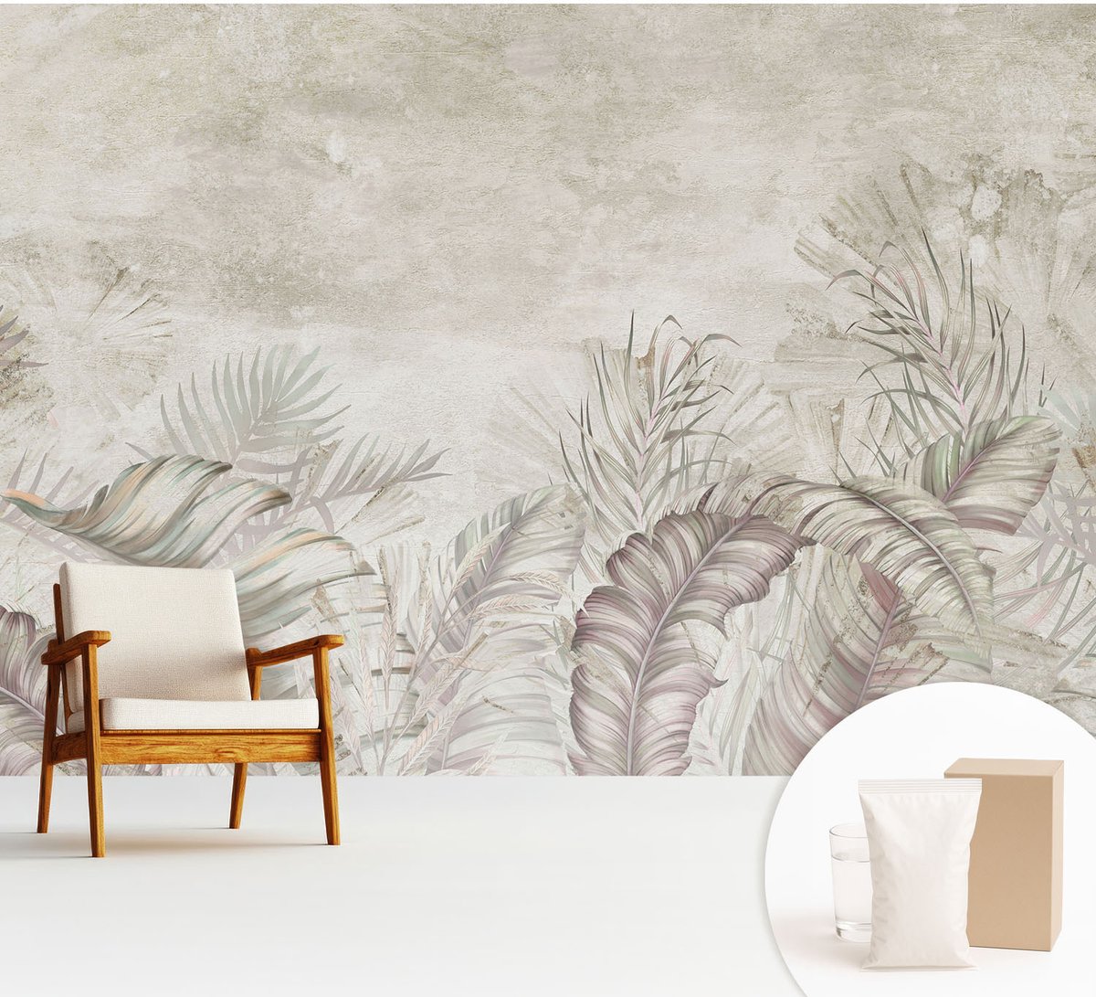 Wallfluent Fotobehang - Beige Vliesbehang - 312x219 cm - Decoratieve Bladeren Muurschildering - Slaapkamer behang Bloemen En Planten - Fotobehang Vlies - Slaapkamer behang