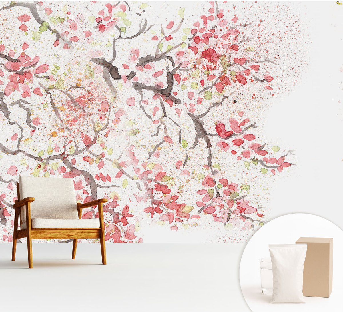 Wallfluent Fotobehang - Wit Vliesbehang - 312x219 cm - Bloeiende Takken Muurschildering - Slaapkamer behang Bloemen En Planten - Fotobehang Vlies - Slaapkamer behang