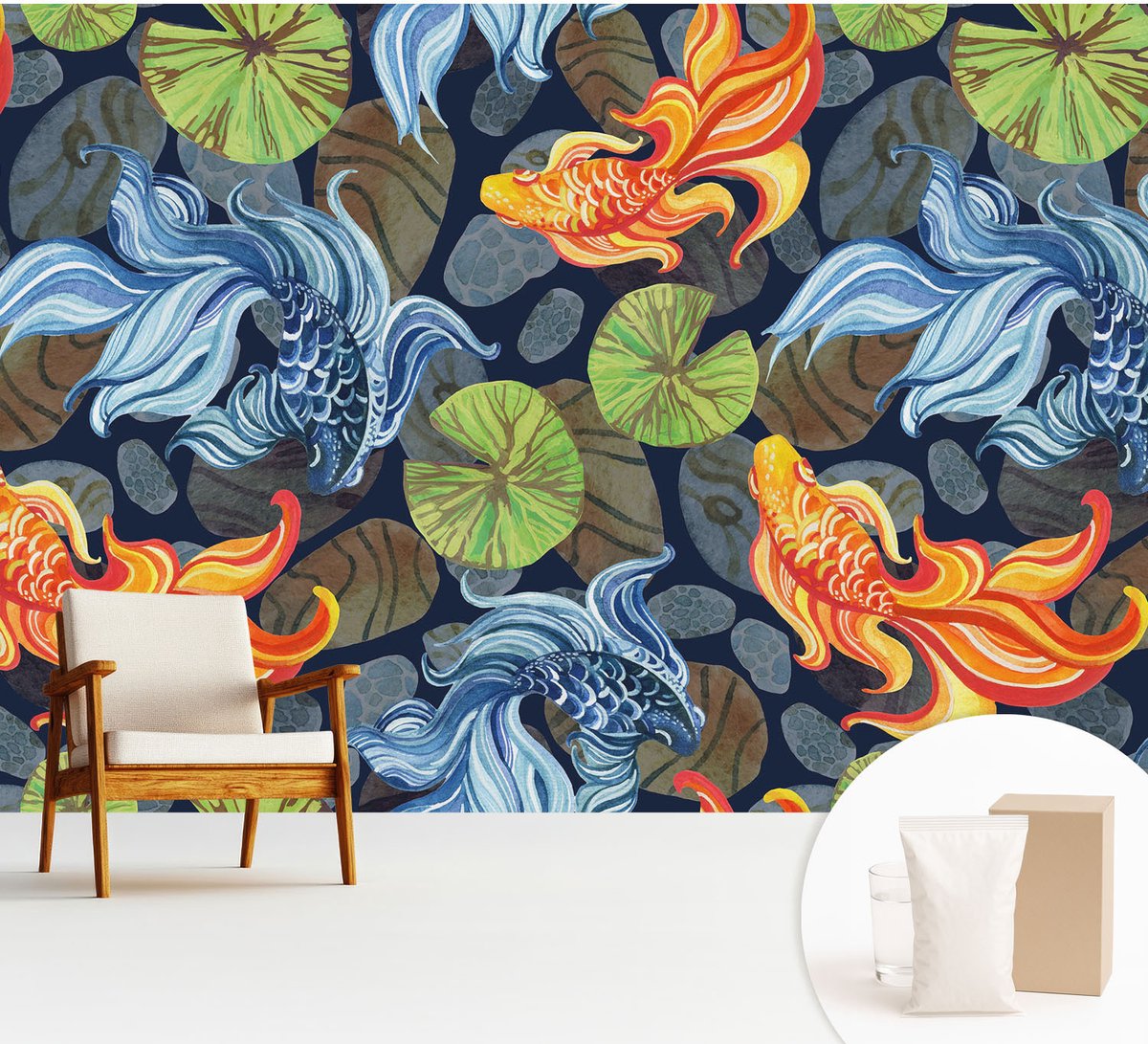 Wallfluent Fotobehang - Zwart Vliesbehang - 312x219 cm - Vispatronen Fotobehang Vlies - Hal behang Dieren - Muurschildering - Hal behang