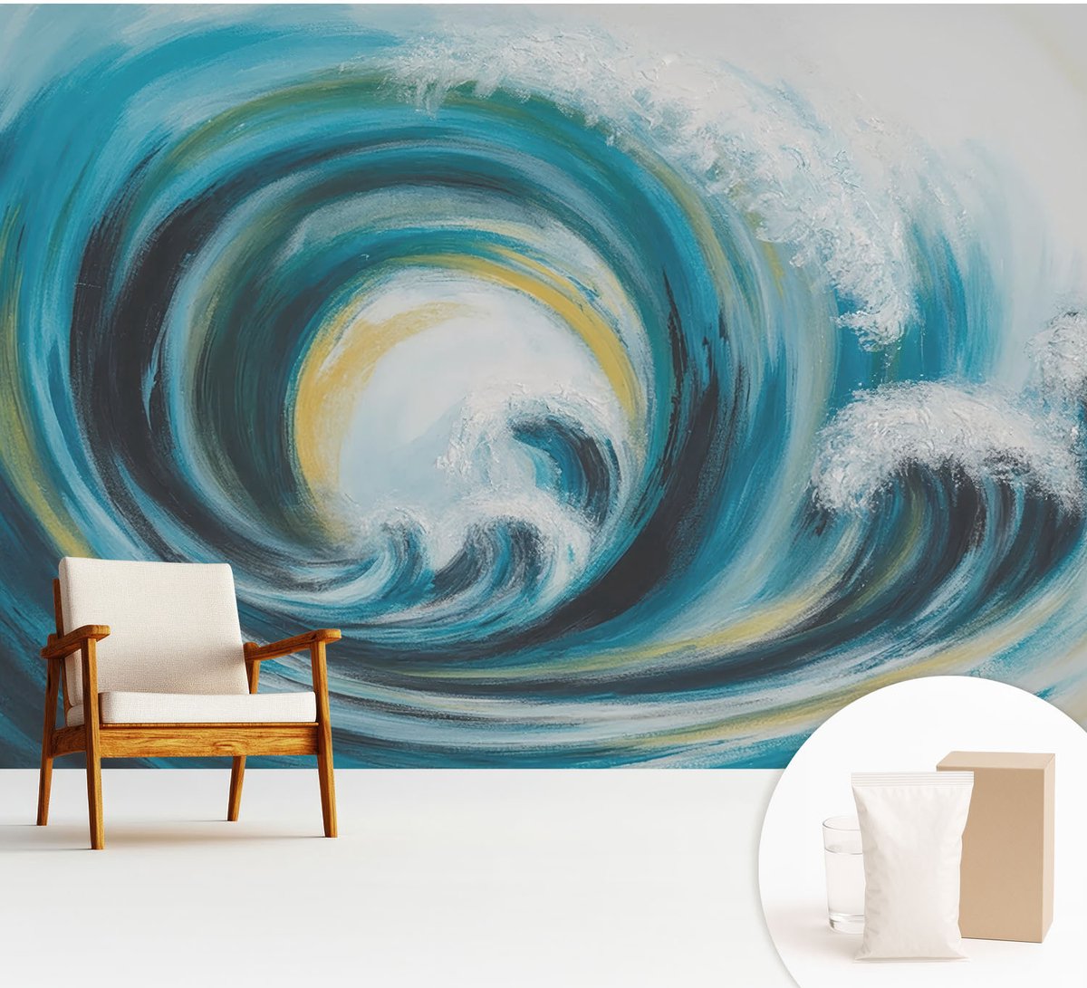 Wallfluent Fotobehang - Turkoois Vliesbehang - 312x219 cm - Zeegolf Fotobehang Vlies - Woonkamer behang Deel - Muurschildering - Hal behang
