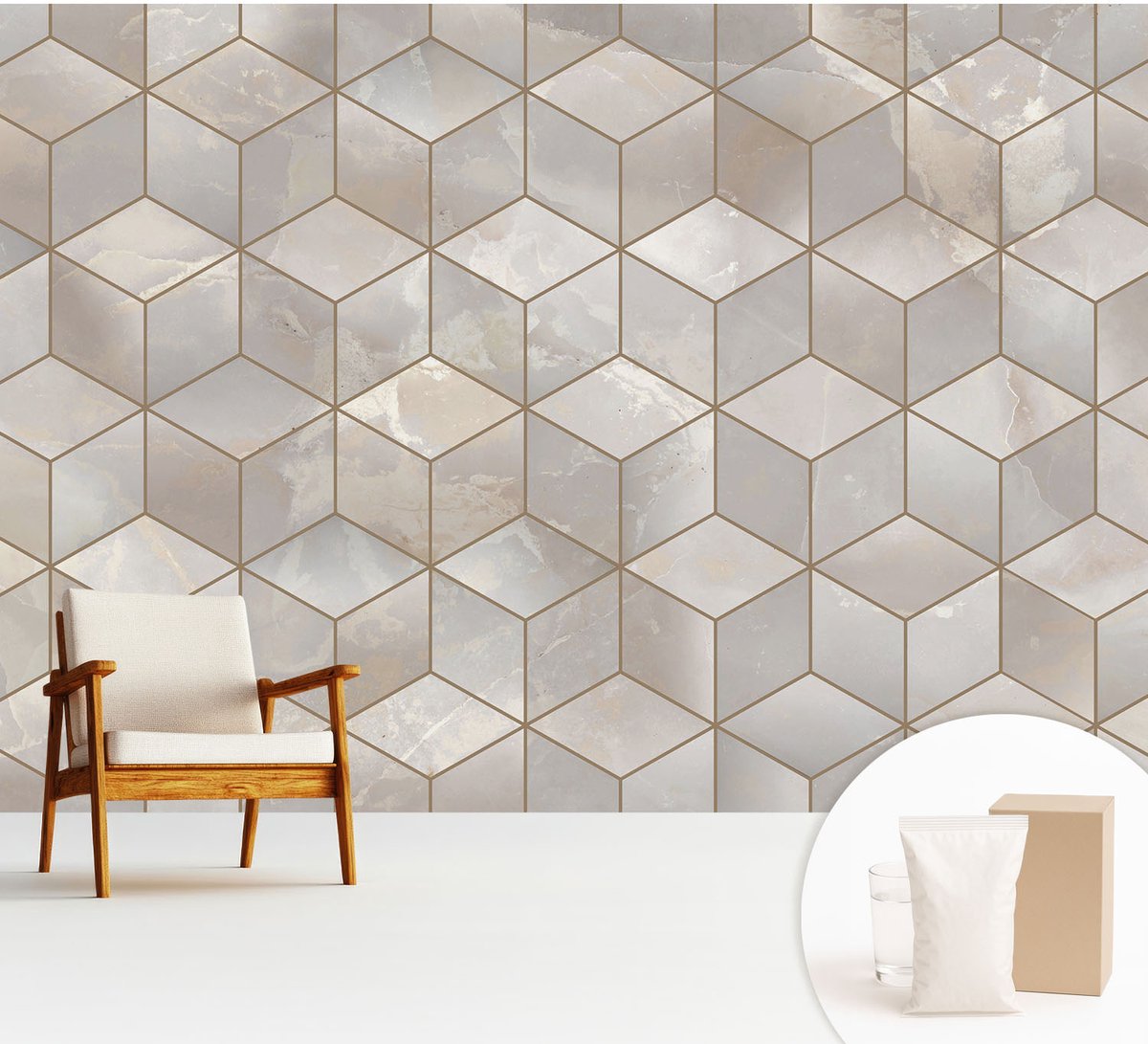 Wallfluent Fotobehang - Grijs Vliesbehang - 312x219 cm - Geometrische Mozaïek Fotobehang Vlies - Woonkamer behang Geometrie - Muurschildering - Woonkamer behang