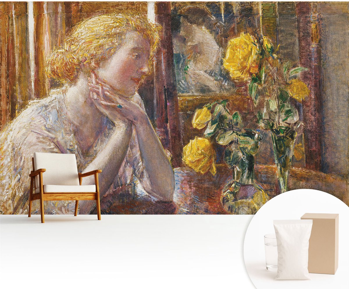 Wallfluent Fotobehang - Geel Vliesbehang - 416x254 cm - Vrouw Met Rozen Fotobehang Vlies - Woonkamer behang Deel - Muurschildering - Woonkamer behang
