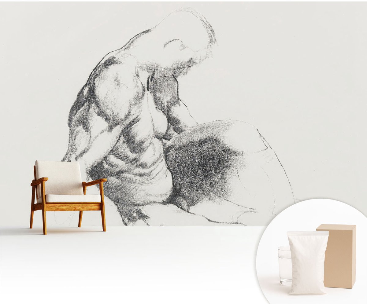 Wallfluent Fotobehang - Wit Vliesbehang - 416x254 cm - Mannelijke Schets Muurschildering - Slaapkamer behang Mensen - Fotobehang Vlies - Gang behang