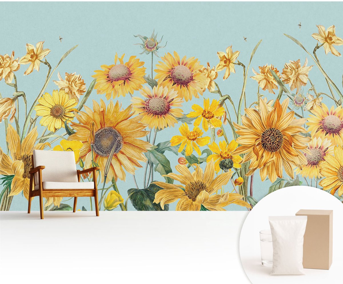 Wallfluent Fotobehang - Geel Vliesbehang - 416x254 cm - Zomertuin Muurschildering - Slaapkamer behang Bloemen En Planten - Fotobehang Vlies - Slaapkamer behang