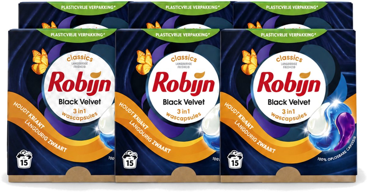6 x Robijn – 3-in-1 Wascapsules – Black Velvet – 15 capsules - Voordeelverpakking - 6 stuks