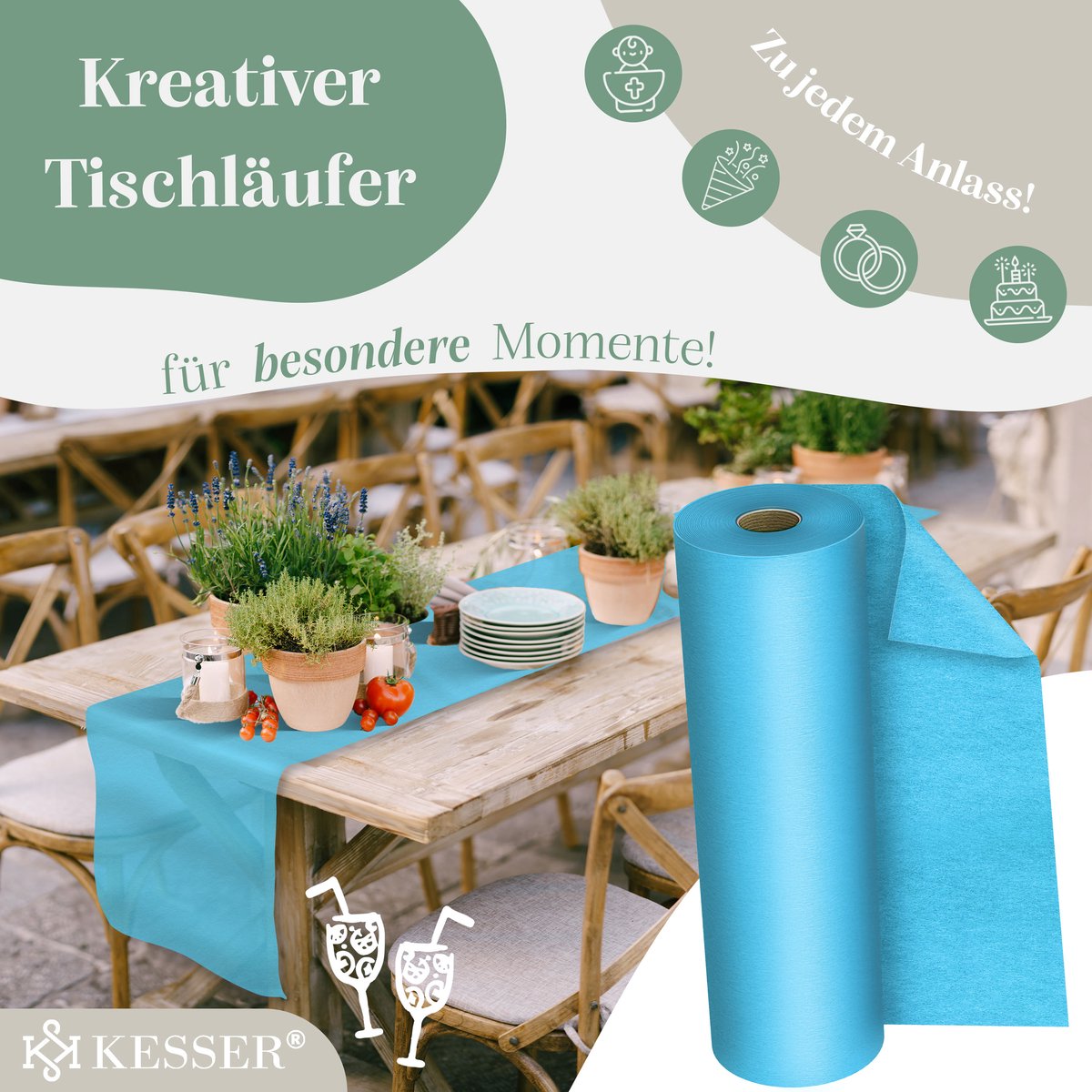 KESSER® Vlies Tafelloper Modern - 30 cm x 25 m - afwasbaar en waterafstotend - tafeldecoratie - Blauw