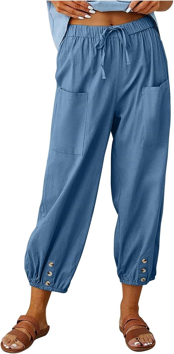 Broek Vrouwen Zomer Brede Hoge Taille Vloeiend Katoen Casual Lichtgewicht met Zakken Chic Strand Bohemian Losse Rechte Mode A139