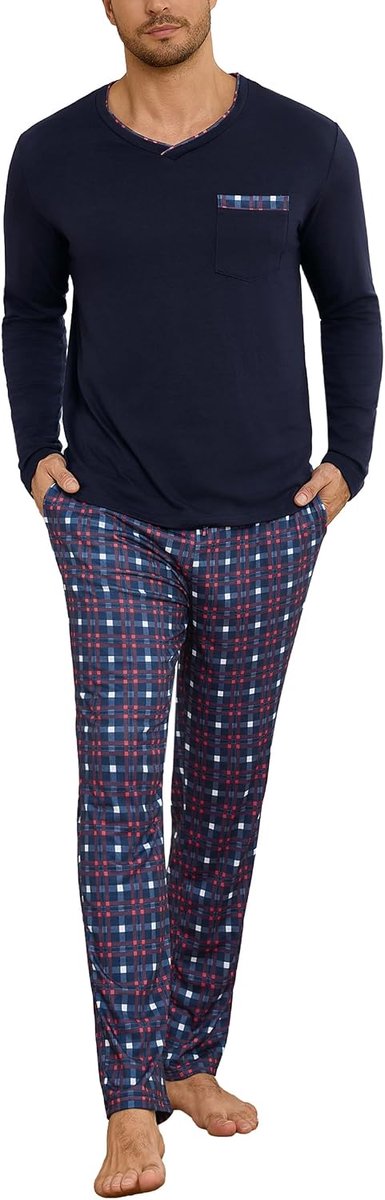 Winterpyjama van katoen, tweedelige pyjama, pyjama met lange mouwen en geruite broek, S-4XL
