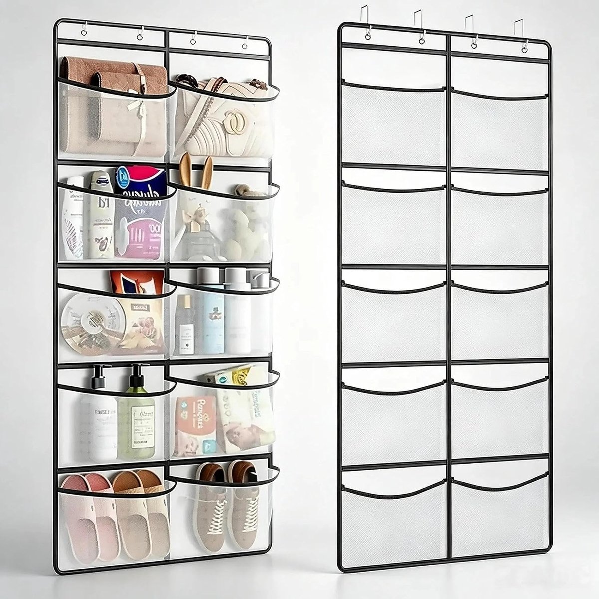 Wandorganizer met 10 vakken en 4 metalen haken, hangende opslag voor badkamer, keuken, slaapkamer, ruimtebesparende hangkastorganizer