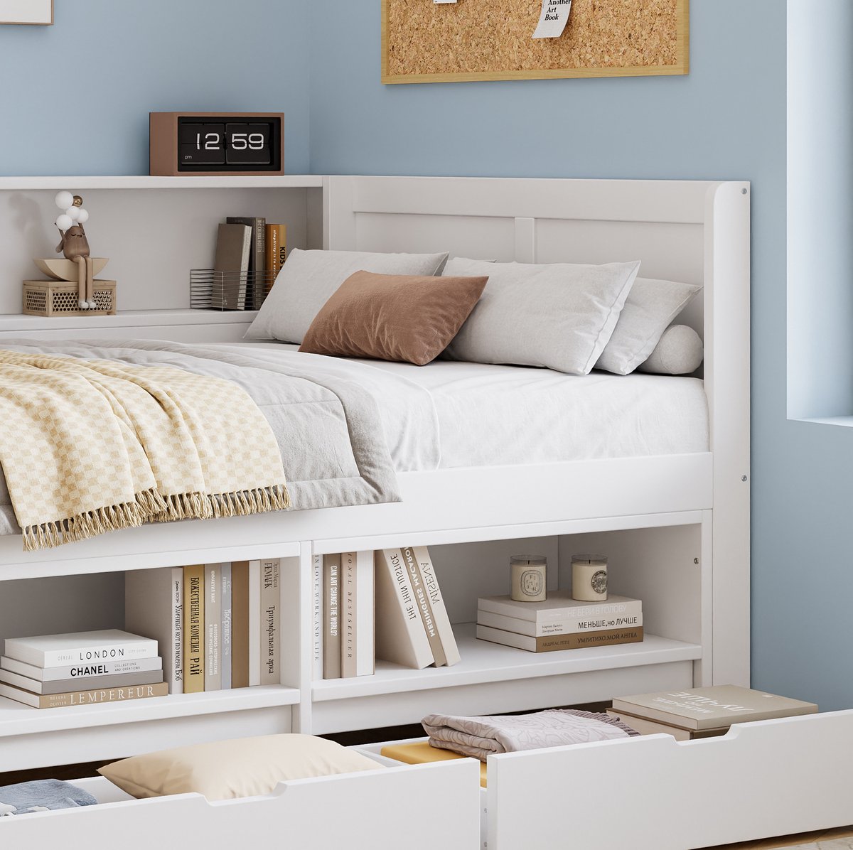 MODENUIT Bed Met Bureau – 120 x 200 cm – Hout en MDF – Wit – Met Opbergkast, 2 Laden, Open Vakken en Bedomranding