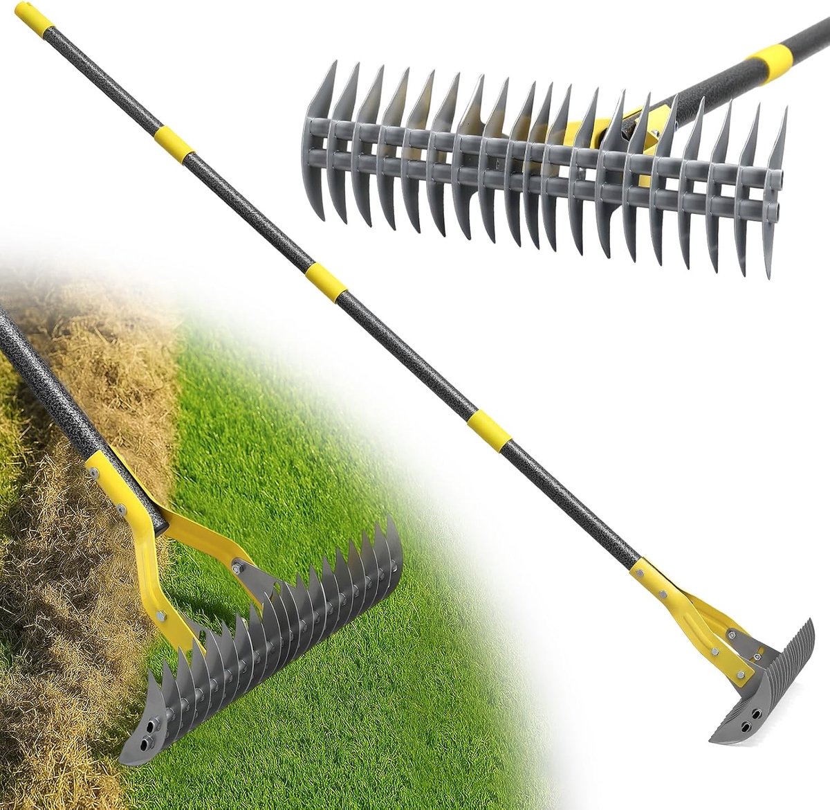 178 cm, robuuste hark voor het verwijderen van mos en gazonvilt, met scherp lemmet voor het verwijderen van dood gras, voor binnenplaats, tuin, gazon/grijs