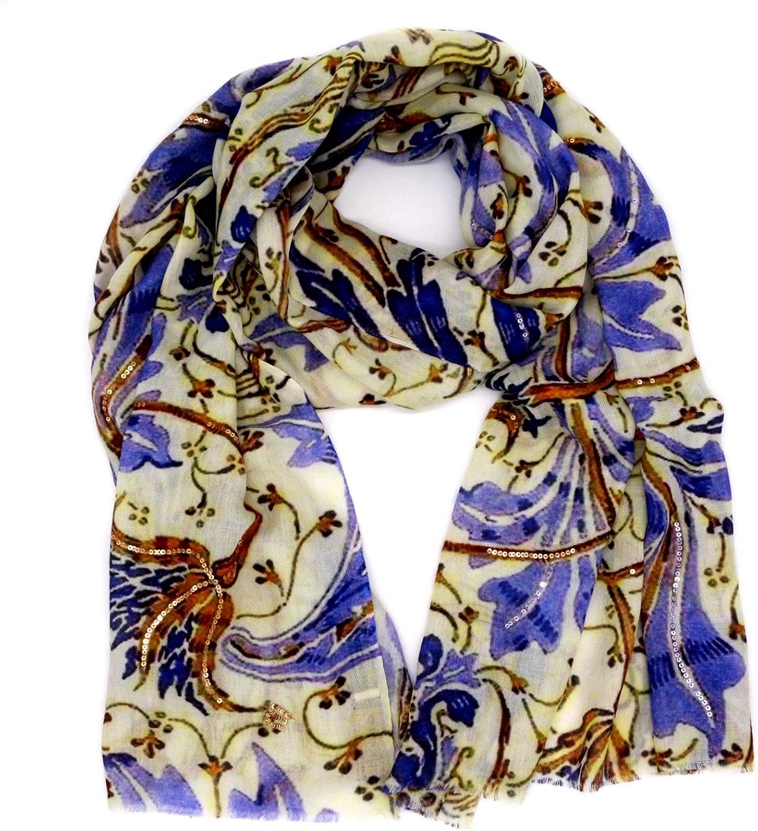 Kasjmier, zijde, omslagdoek dames, sjaal, luxe mode, sjaals, damesmode, kasjmier, jassy tulp met pailletten, design - made in Germany, blauw, wit, goud, 70 cm 180 cm