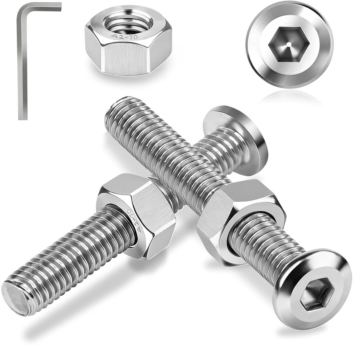 Sets schroeven roestvrij staal M8 x 90 mm platte kopschroeven binnenzeskantschroeven en moeren set lenskopschroeven A2 V2A volledige schroefdraad zeskantschroeven met moeren voor