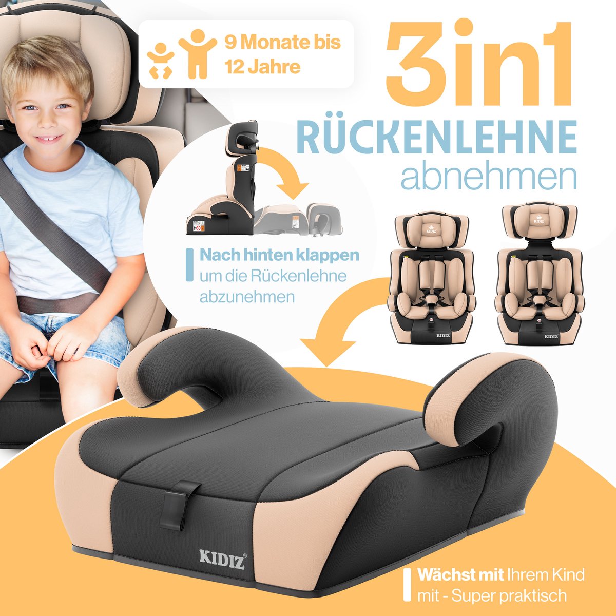 KIDIZ® Autostoeltje | Groep 1+2+3 | 9-36 kg 5-punts veiligheidsgordel, Autostoeltje, Kinderzitje, Verstelbare Hoofdsteun | Stoelverhoger 1-12 jaar, Stabiel en Veilig – foto 6