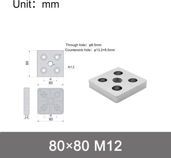 (2 Stuks) 8080 Serie M12 Aluminium Vierkante Basisplaten Joining Plate Connector Voor Europese Standaard Aluminium Profiel — afbeelding 5