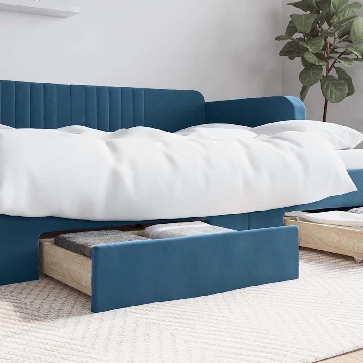 Set van 2 bedladen onder het bed, oprolbare onderbedcommode van hout met fluwelen bekleding, ruimtebesparende bedlade, blauw, 67 x 50 x 16 cm