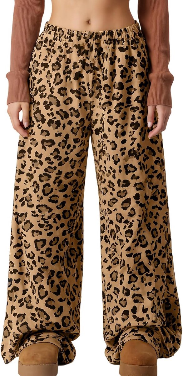 Pyjamabroek voor dames, warm, luipaardpatroon, flanellen nachtbroek, lang, zacht, winterjoggingbroek