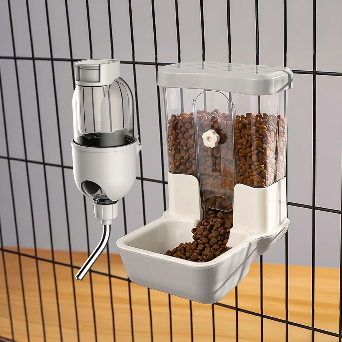 Voer- en Waterdispenser voor Huisdieren, Set van Zwaartekrachtswaterbak voor Kooien van Honden, Katten, Konijnen, Cavia's, Chinchillas, Fretten, Egel (Grijs)