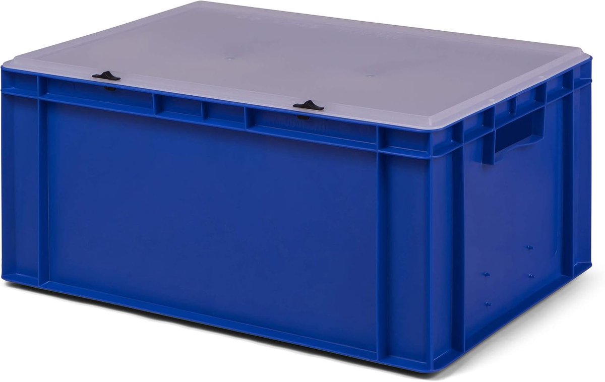3 stuks TK627-TD, Transportstapelbak blauw met transparant afsluitdeksel, 600x400x281/270 mm (LxBxH), volume 51 liter, draagvermogen 50 kg, voedselveilige industriekwaliteit van PP