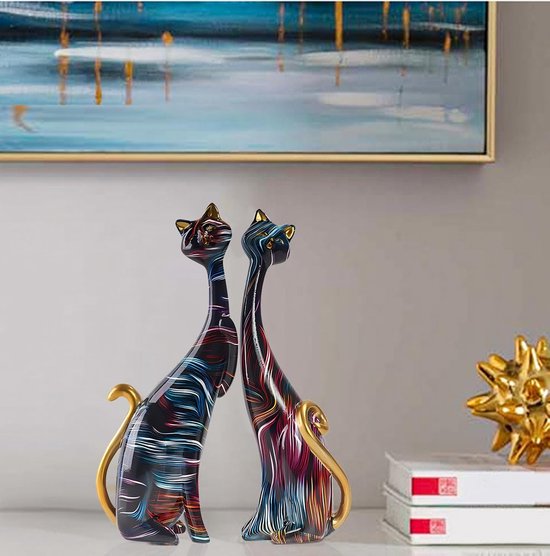 Kattenbeeld van hars voor kattenliefhebbers, perfecte decoratie voor thuis en op kantoor (graffiti) (blauw + geel) — afbeelding 5